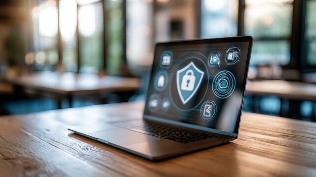 Modern business laptop displaying advanced cybersecurity encryption shields and network protection icons on a sleek wooden table in a professional caf&eacute; setting