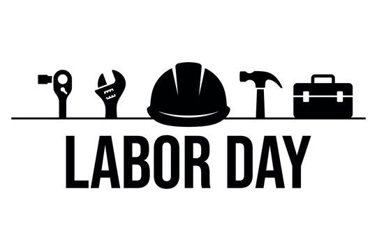 Labor Day typography vector banner featuring black work tools, hard hat, hammer, adjustable wrench, ratchet, and toolbox silhouettes on a white background.