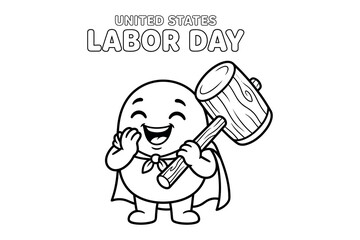 Fototapeta premium Cute superhero mascot character holding a wooden mallet for United States Labor Day celebration line art coloring page outline for kids.