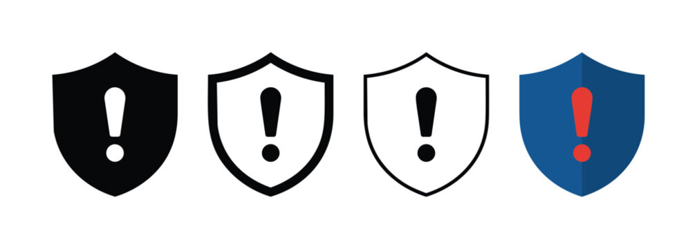 Set of Four Shield Icons with Exclamation Mark Symbols for Cybersecurity and Security Alerts
