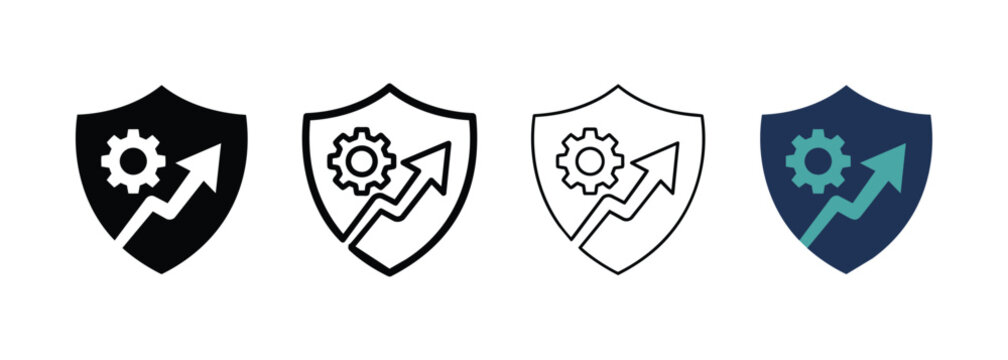 Four Shield Icons with Gear and Upward Arrow Symbolizing Business Growth and Optimization