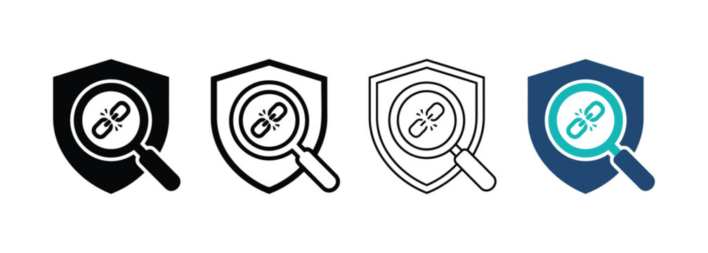 Set of Four Shield Icons with Magnifying Glass and Broken Chain Link for Security Investigation