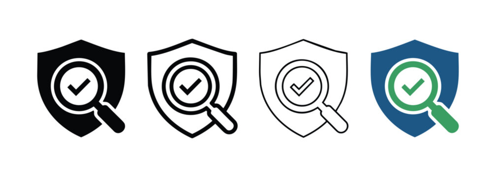 Four Shield Icons with Magnifying Glass and Checkmark for Security Verification and Inspection