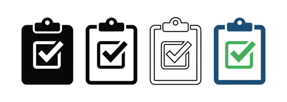 Set of Four Stylized Clipboard Icons with Checkmarks for Task Completion and Approval Symbols