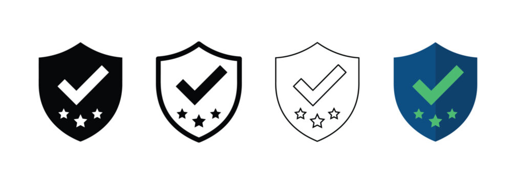Set of Four Shield Icons with Check Marks and Star Ratings for Quality Assurance and Verification
