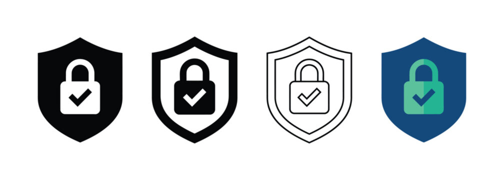 Four Shield Icons with Padlock and Checkmark Symbols for Cybersecurity and Data Protection