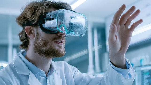 A focused scientist in a lab coat explores futuristic virtual reality headset with a gesture, blending cutting-edge technology and scientific inquiry in a high-tech research environment