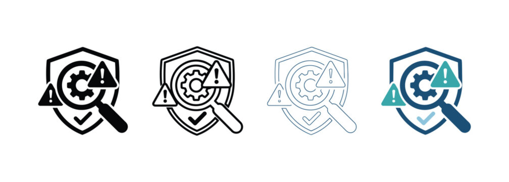 Cybersecurity Icons Showing Vulnerability Scan with Gear, Warning, and Shield Magnifying Glass