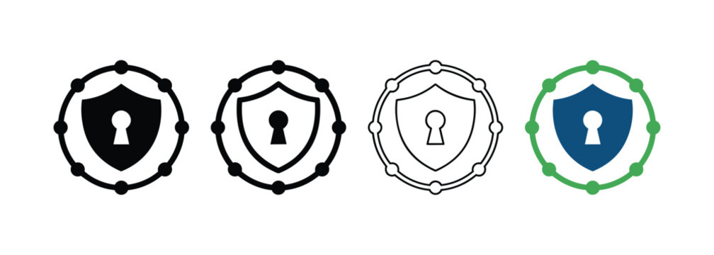 Four Stylized Shield Icons with Keyhole Symbols for Digital Cybersecurity and Data Protection
