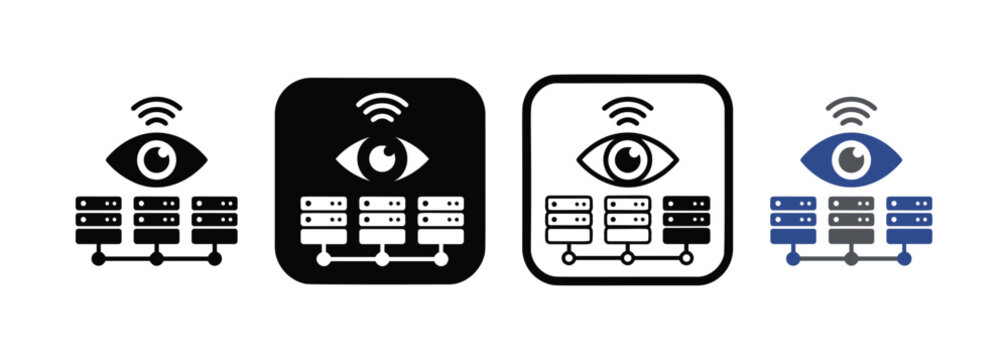 Set of Four Server Monitoring Icons with Surveillance Eye and Wireless Signal for Cyber Security