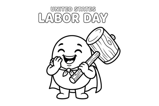 Cute superhero mascot character holding a wooden mallet for United States Labor Day celebration line art coloring page outline for kids.