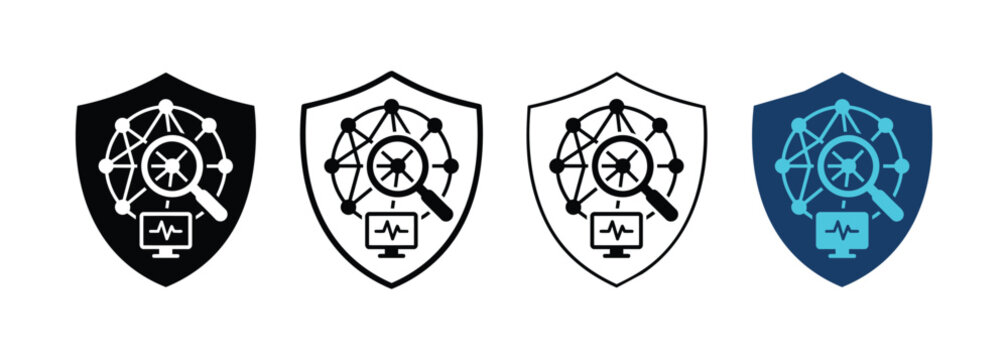 Cybersecurity Shield Icons with Network Analysis and Data Monitoring Symbols Set