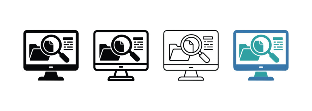 Four Computer Monitor Icons with Magnifying Glass Highlighting Data Analysis and File Search
