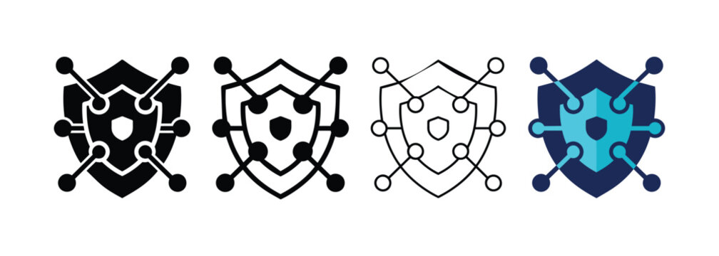 Modern Cybersecurity Shield Icons with Network Nodes for Digital Protection UI Design