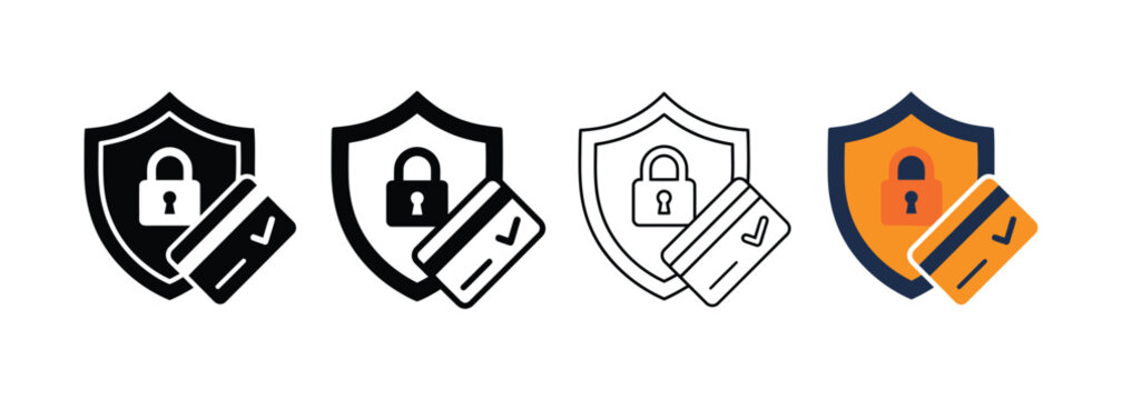 Secure Payment Protection Icons Set with Credit Card and Shield Symbols for Financial Security
