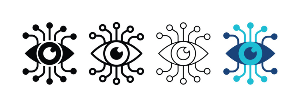Digital Eye Icons Set Featuring Artificial Intelligence Surveillance and Biometric Security Symbols