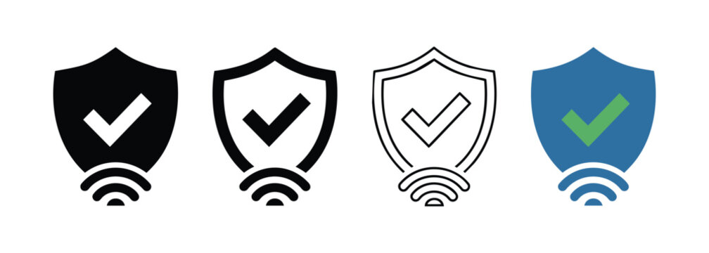 Set of Secure Wireless Connection Shield Icons with Checkmarks for Network Cybersecurity Safety
