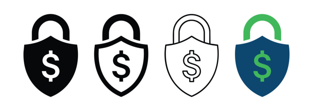 Financial Security Shield Padlock Icons with Dollar Signs for Data Protection and Banking Safety