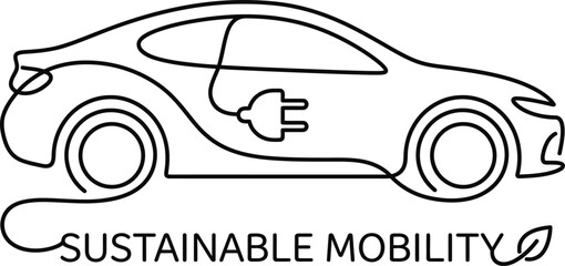 Fototapeta premium Continuous line drawing of an electric vehicle with sustainable mobility text.