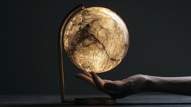 A delicate golden globe with intricate world map detailing held aloft by a hand in a minimalist black background, evoking global exploration and artistic craftsmanship