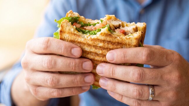 Man eating a grilled sandwich. Person holding a toasted panini for a quick lunch break.
