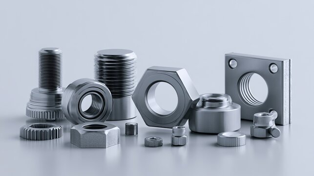 Precision-engineered industrial metal fasteners and mechanical components meticulously arranged on a sleek, polished metallic surface under controlled lighting for high-resolution technical