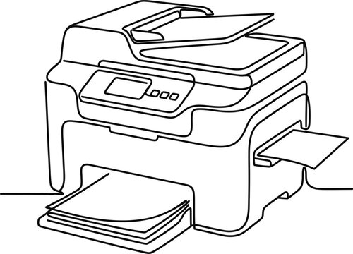 Continuous line drawing of a modern multifunction office printer.