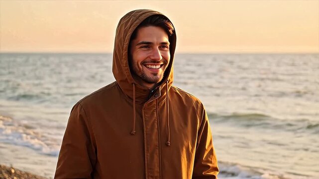 Man in hooded jacket by sea