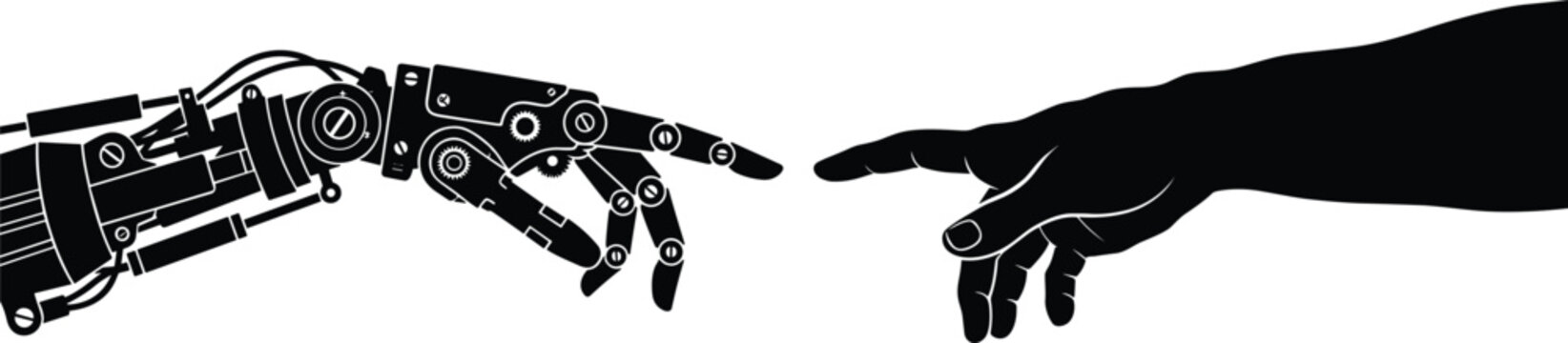 Artificial intelligence concept vector illustration featuring robotic arm and human hand touching inspired by the creation of Adam
