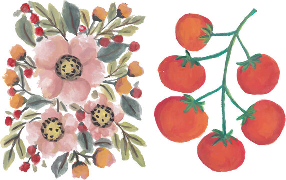 Coloful floral patttern and red tomato hand drawn watercolor