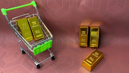 Mini shopping cart loaded with gold bars, symbolizing accumulation of valuable financial resources and long-term investment © MR HEPPY