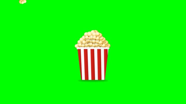 Exploding popcorn bucket 2D vector animation isolated on green screen background