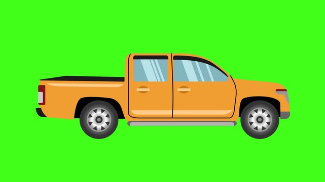 yellow pickup truck flat style on green screen background motion graphic 