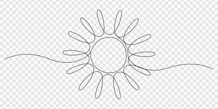 Sun continuous line. Hand drawn outline of the sun, line sun art continuous one summer outline draw linear sunrise. drawing line sun weather cloud solar sunshine rain beach energy sky sunset stroke 