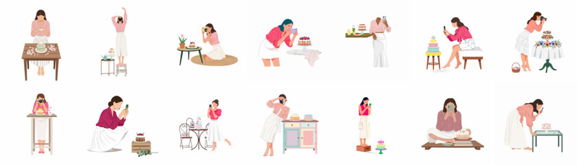Fototapeta premium Set of illustrations featuring women taking photos of cakes and desserts with phones and cameras, highlighting food photography and social media trends.