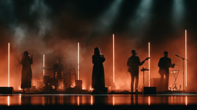 A band performs on stage with dramatic lighting and smoke effects, featuring vocalists, guitarists, and a drummer in a moody, atmospheric setting.