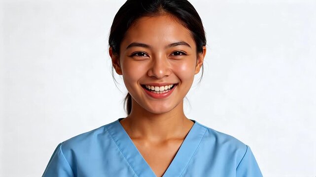 Smiling healthcare worker in blue uniform