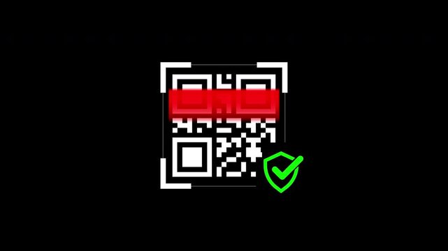 Scan QR code barcode animation featuring a black and white qr code with a red stripe, green check shield. Suitable for modern tech or security concepts.