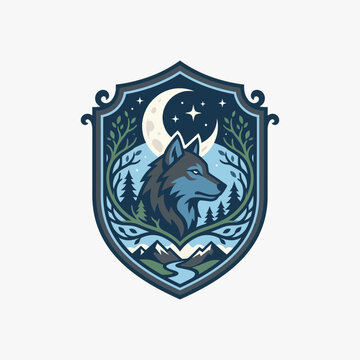 Mystic Wolf Moon Shield Logo Vector, Forest Mountain Landscape Emblem with Crescent Moon and River, Wildlife Adventure Crest, Modern Flat Nature Mascot Badge Illustration