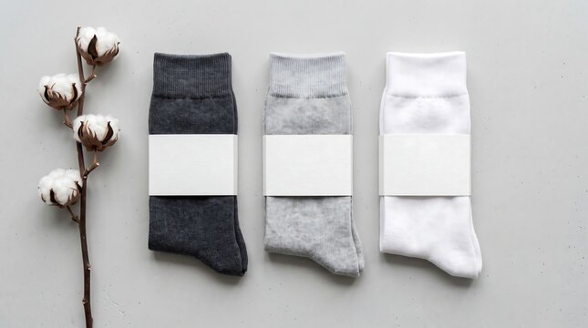 Cotton socks mockup with blank paper labels on grey background