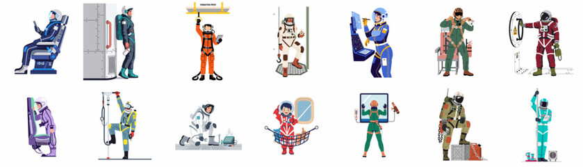 Collection of diverse astronauts and space explorers in various suits and activities, flat vector illustration set isolated on white background. © Isabella