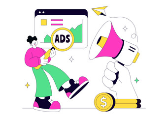 Naklejka premium Advertising Vector Illustration Featuring Digital Marketing, Online Promotion Strategy, Creative Ad Management, Audience Targeting and Business Growth