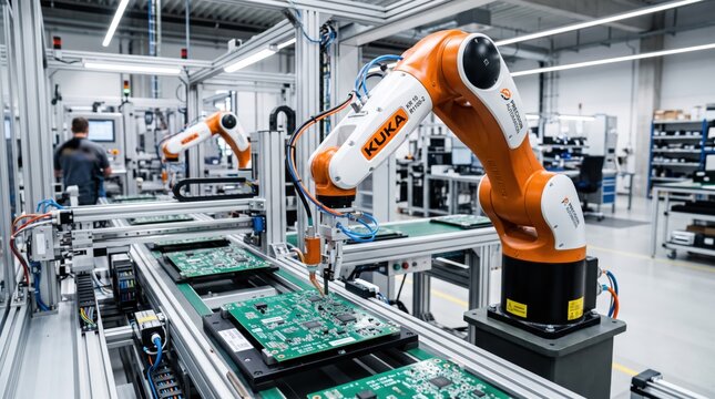 Orange KUKA industrial robot working on printed circuit board assembly line, high tech electronics manufacturing plant, automated precision machinery in clean factory environment