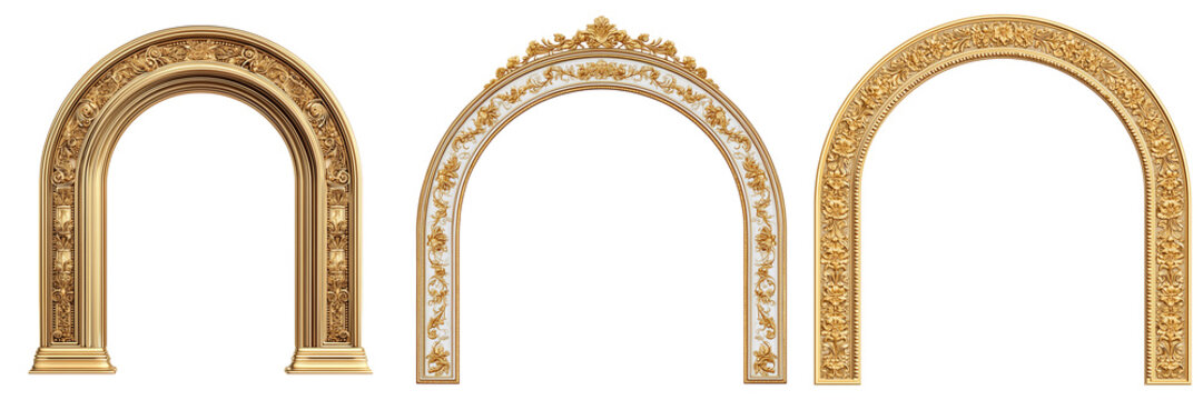 Set of Contemporary gold arch border featuring thin metallic lines on transparent png background. Ai generated