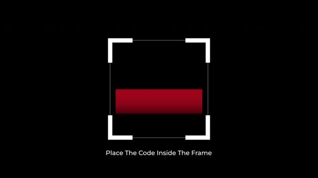Scan QR code barcode animation. Perfect for technologyrelated projects. White scanner frame on dark background with red digital interface design creates a modern and sleek look.