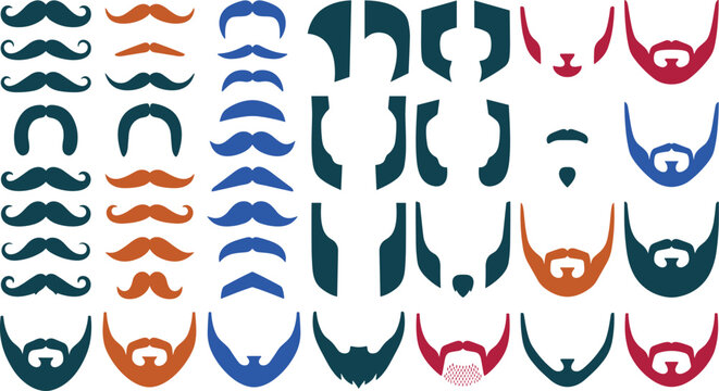 Large colorful set of male facial hair vector icons featuring various mustache and beard styles for barbershop design