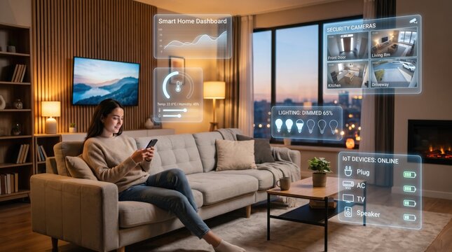 Woman using smartphone to control smart home dashboard with holographic interface showing security cameras, temperature, lighting and IoT devices status in modern living room