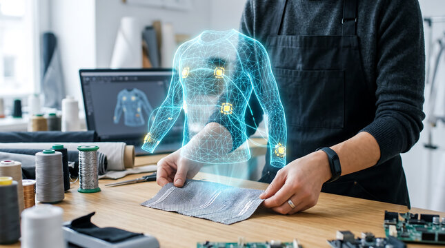 Fashion designer using 3D hologram software. Digital clothing prototype on a virtual mannequin.