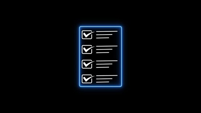 Glowing blue neon, Completing tick mark document animation on black screen. Productivity & Compliance Concept.with alpha chanel 4k video