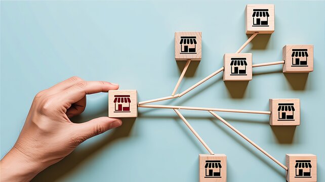 Hand connecting wooden blocks showing network structure communication and business connection concept